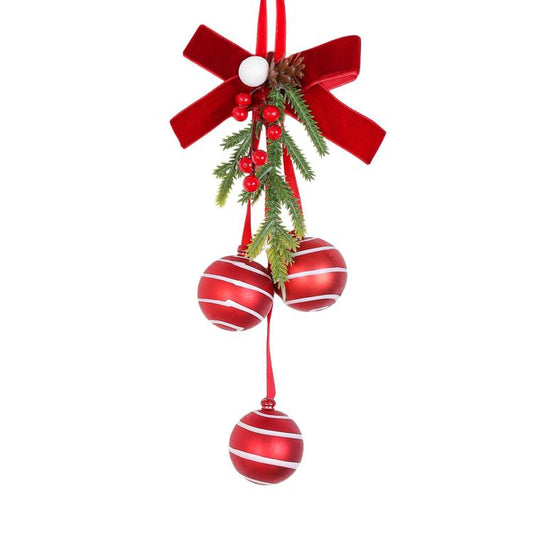 Red and white striped Christmas door-hanging ornament with velvet bow, pine branches, and three baubles