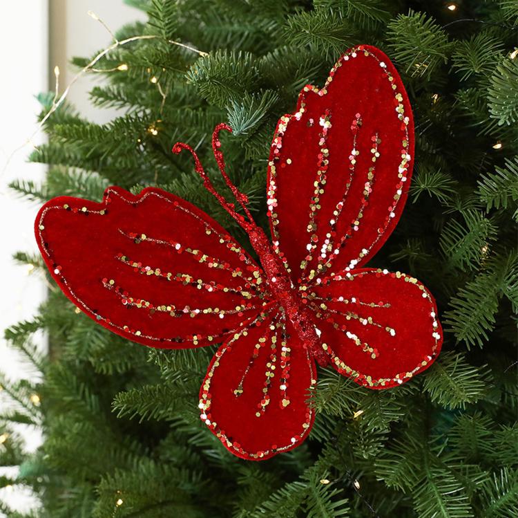 Red velvet butterfly Christmas tree ornament with beaded glitter detail