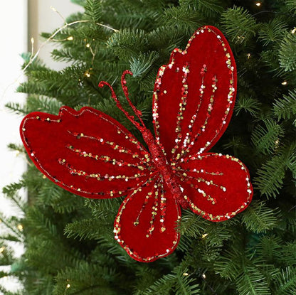 Red velvet butterfly Christmas tree ornament with beaded glitter detail