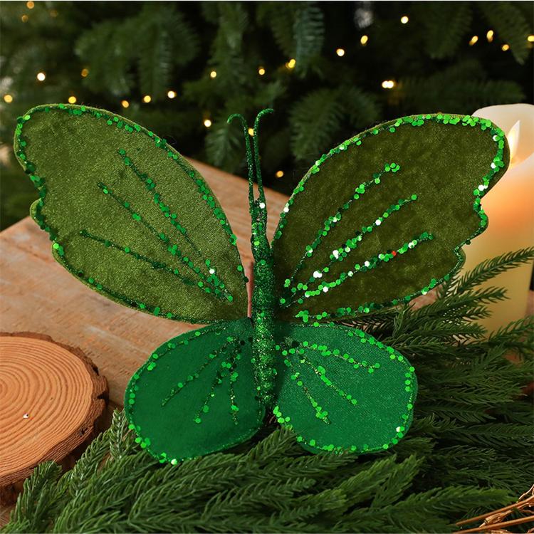 Dark green velvet butterfly Christmas tree ornament with glittery beaded trim