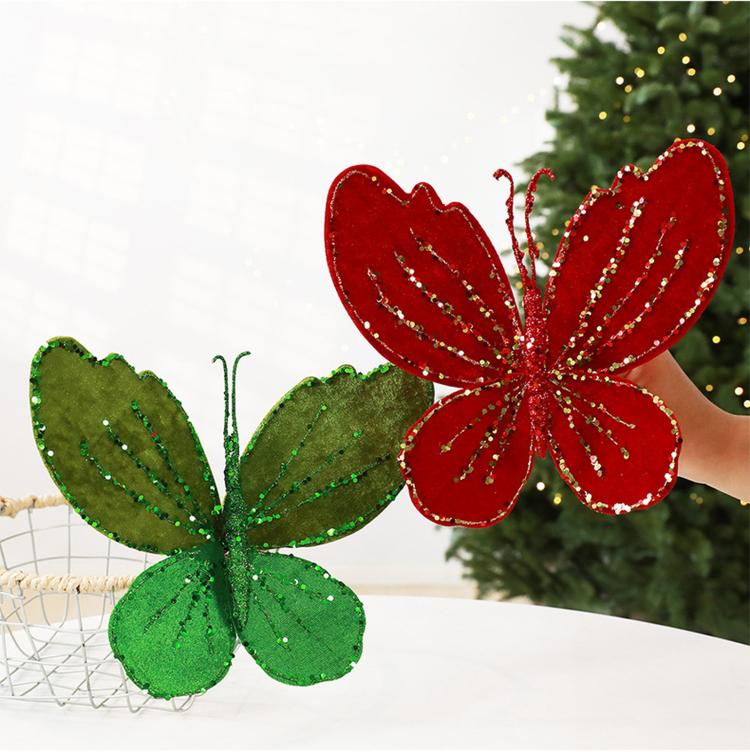 Velvet butterfly ornament set: one red and one dark green, with beaded glitter