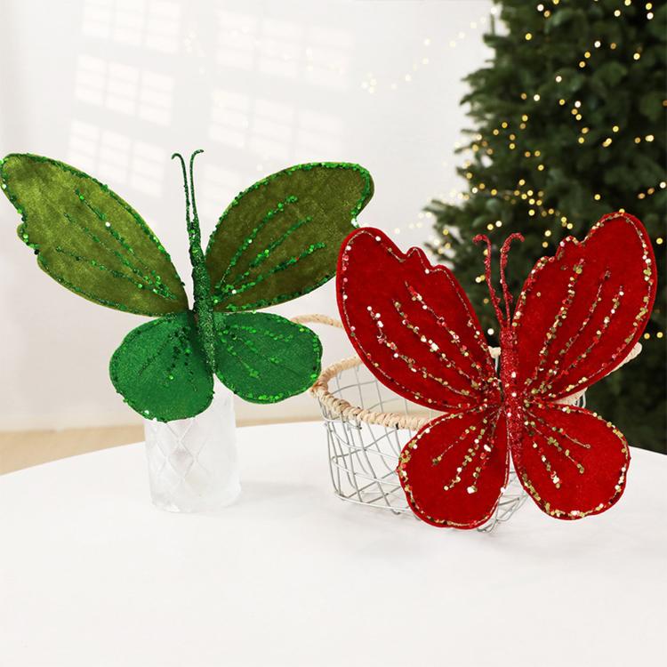 Velvet butterfly ornaments: dark green left and red right, with beaded glitter accents