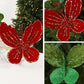 Velvet butterfly ornament close-ups in red and dark green with glittery beaded details