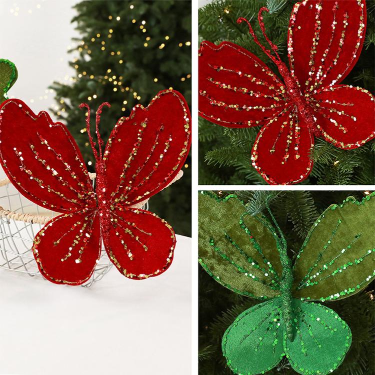 Velvet butterfly ornament close-ups in red and dark green with glittery beaded details