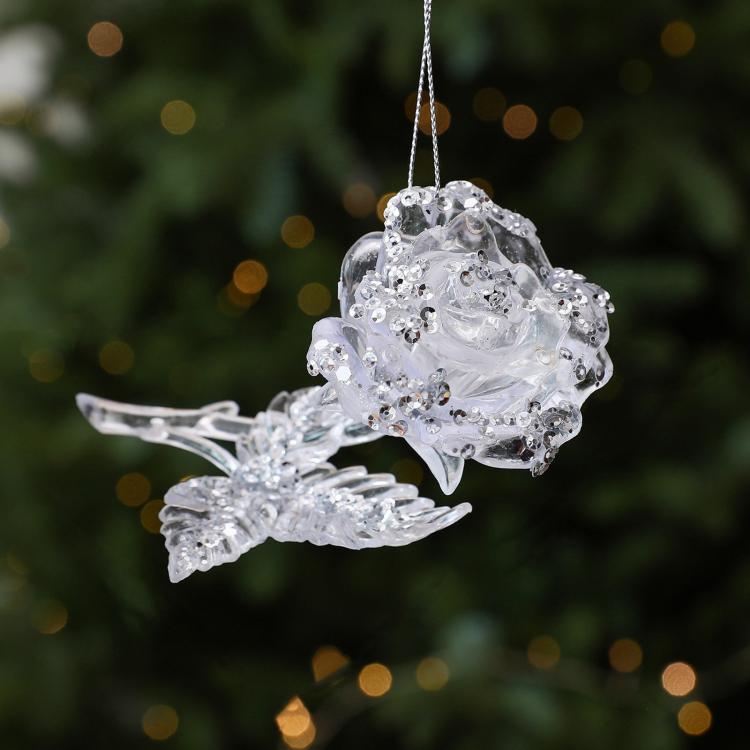 Clear acrylic rose Christmas tree ornament with white beaded details and hanging loop