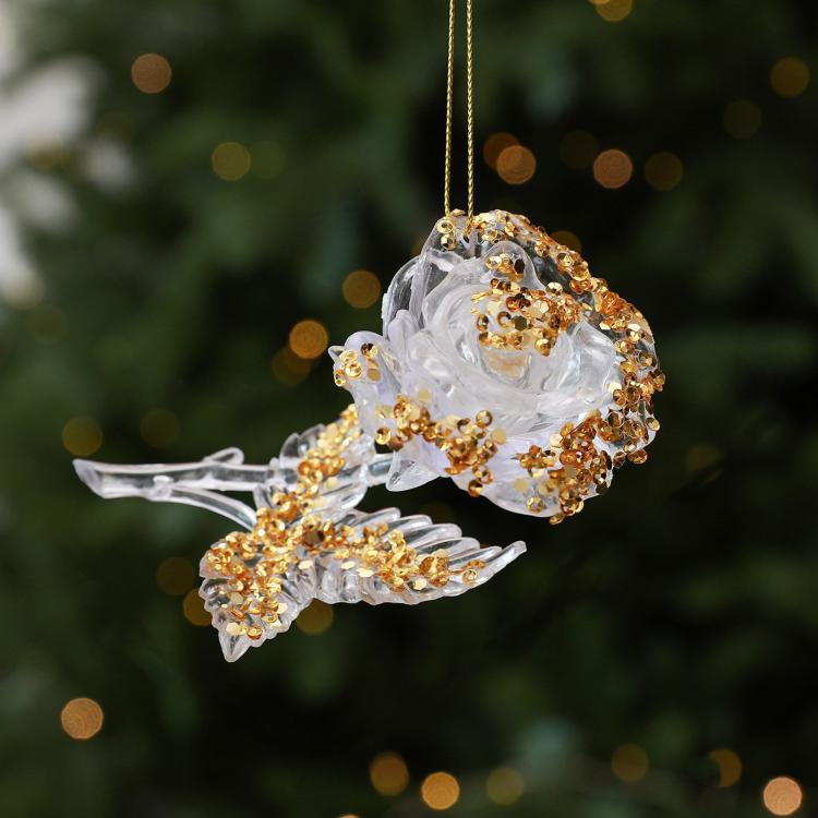 Clear acrylic rose Christmas tree ornament with gold beaded details and hanging loop