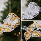 Clear acrylic rose Christmas ornament pair: gold-accent and white-accent hanging rings