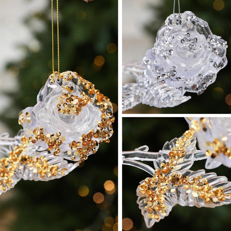 Clear acrylic rose Christmas ornament pair: gold-accent and white-accent hanging rings