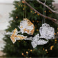 Clear acrylic rose ornament cluster with gold and white beaded details and hanging loops