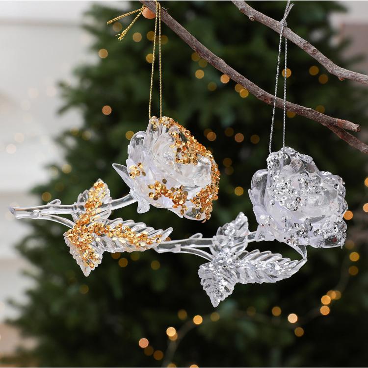 Clear acrylic rose ornament cluster with gold and white beaded details and hanging loops