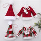 Set of mini knitted sweater and hat ornaments in red and green/white striped patterns.