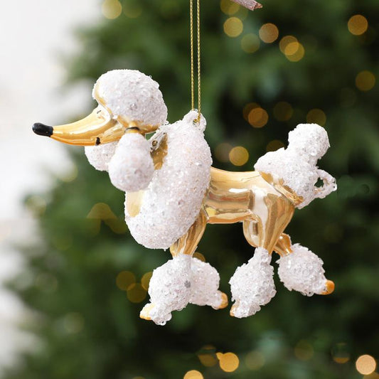 White sequined poodle hanging Christmas ornament with loop for hanging