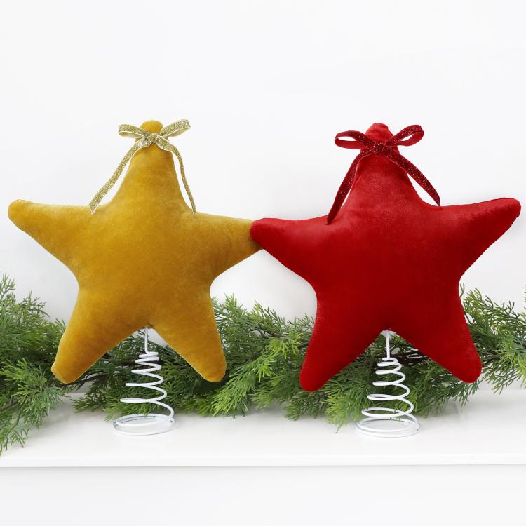 Gold and red plush velvet star tree toppers with bows and spiral spring bases
