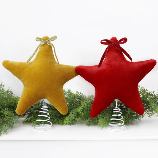 Gold and red plush velvet star tree toppers with bows and spiral spring bases