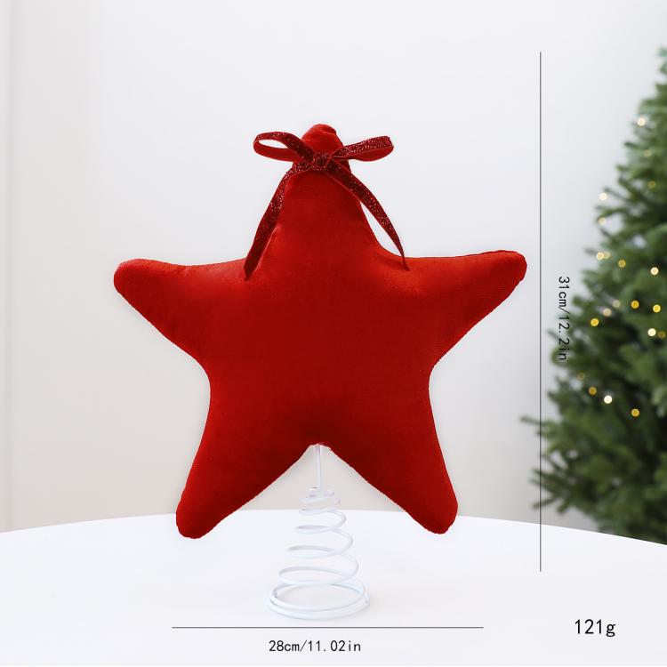 Red plush velvet star tree topper with bow and white spiral spring base