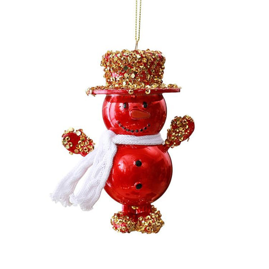 Red snowman ornament with gold glitter top hat, white scarf, and hanging loop