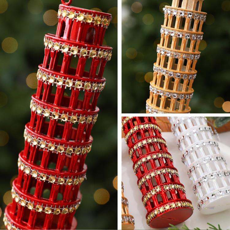 Close-up diamond-studded leaning tower ornaments: red and gold with faceted details