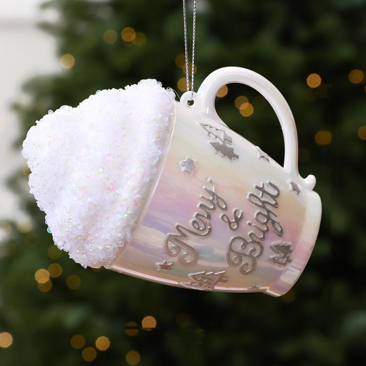 White cup-shaped Christmas ornament with glittered white cap and silver tree motifs