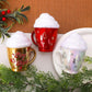 Set of three cup-shaped Christmas ornaments: gold, red, and white with glittered caps