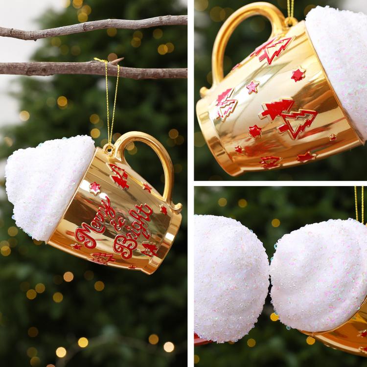 Gold cup-shaped Christmas ornament closeups with glittered white cap and red star accents