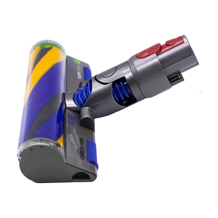 Dyson vacuum brush head with gray nozzle and blue/yellow bristle roller