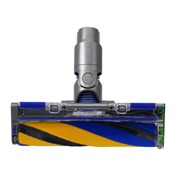 Dyson vacuum fluffy brush head, gray frame with clear cover and blue/yellow roller
