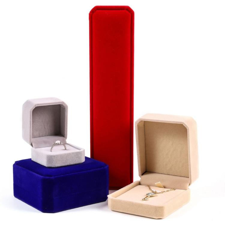 Set of velvet jewelry boxes: red tall box, gray ring box, beige open box