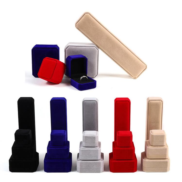 Velvet jewelry box collection in multiple colors with upright lid display stands