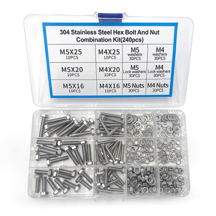 304 stainless hex bolt, nut and washer assortment kit in clear organizer, mixed sizes