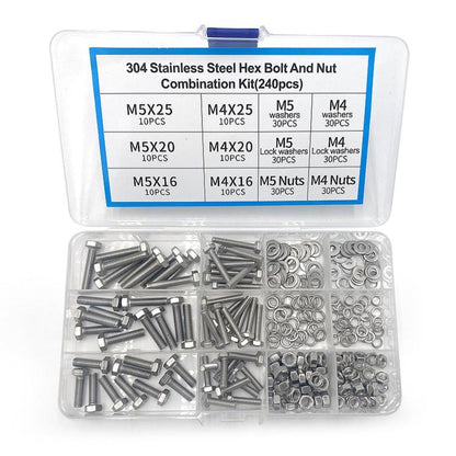304 stainless hex bolt, nut and washer assortment kit in clear organizer, mixed sizes
