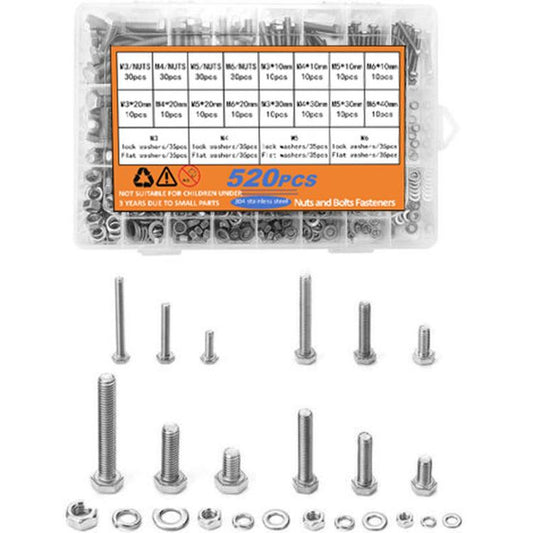 Hex Head Bolts 304 Stainless Steel Hex Bolt Nut Washer Combination Assortment Kit, 240 PCS/Box, 480 PCS/Box, 520 PCS/Box