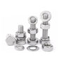Stainless steel hex bolts with matching nuts and washers, mixed lengths shown