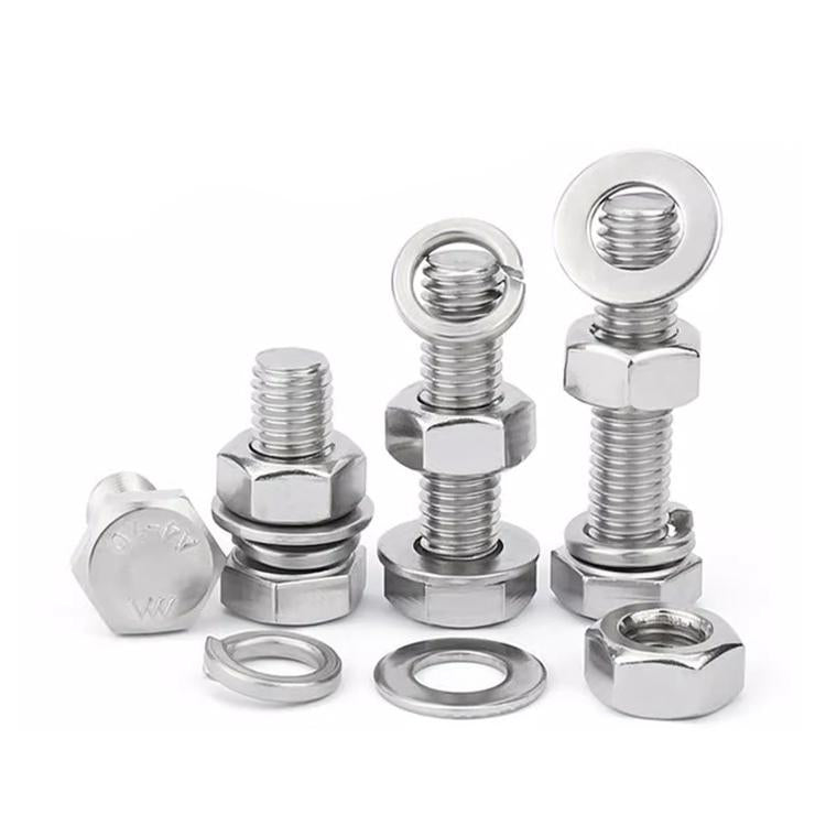 Stainless steel hex bolts with matching nuts and washers, mixed lengths shown
