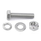 Stainless steel hex bolt with washer and hex nut, close-up hardware parts