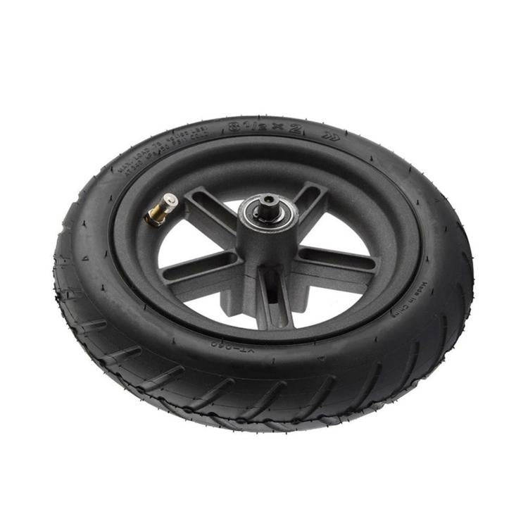 Rear pneumatic scooter wheel with black tire and metal hub, spoke design