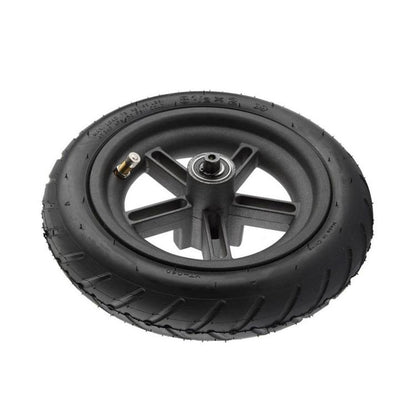 Rear pneumatic scooter wheel with black tire and metal hub, spoke design