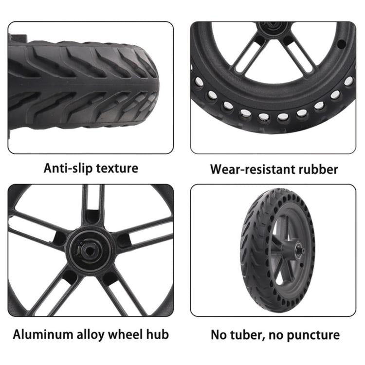 Solid tire tread detail with aluminum alloy wheel hub and disc brake rotor