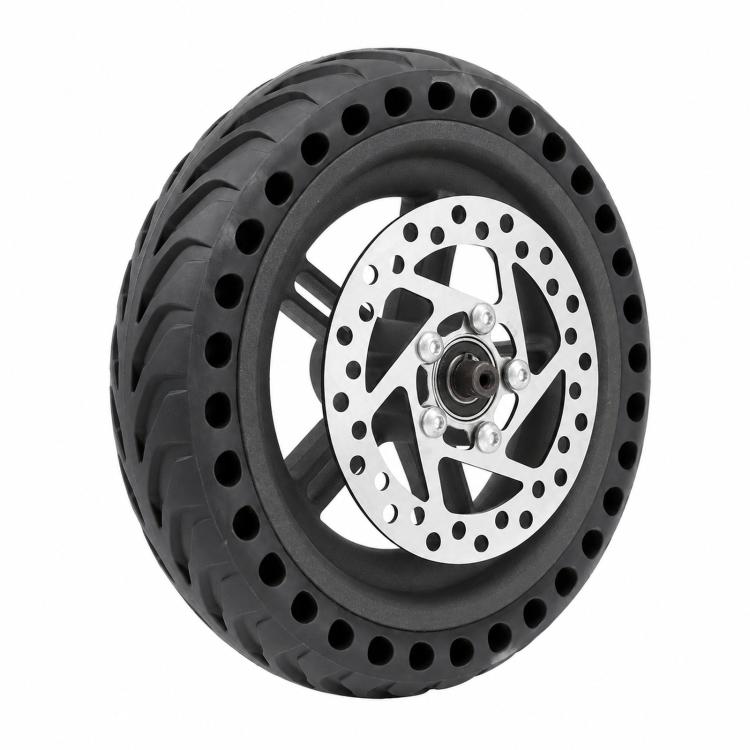 Black solid rear scooter tire wheel with front disc brake rotor