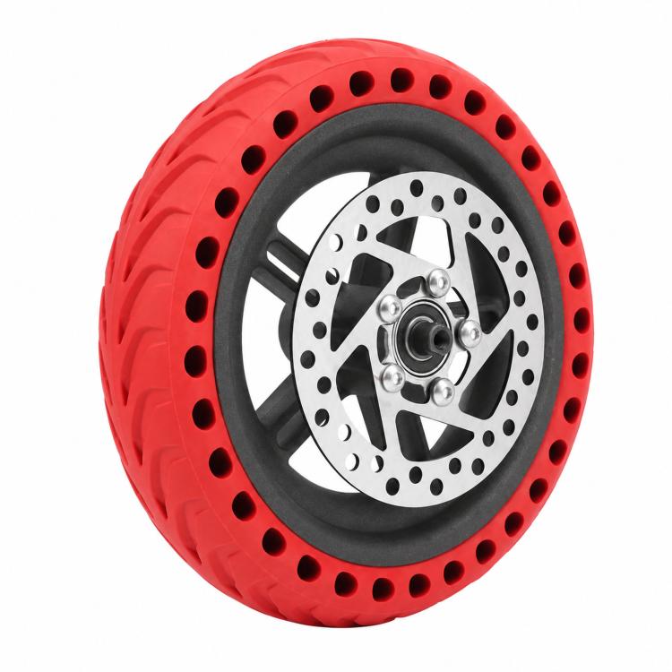 Red solid rear scooter tire wheel with disc brake rotor and hub