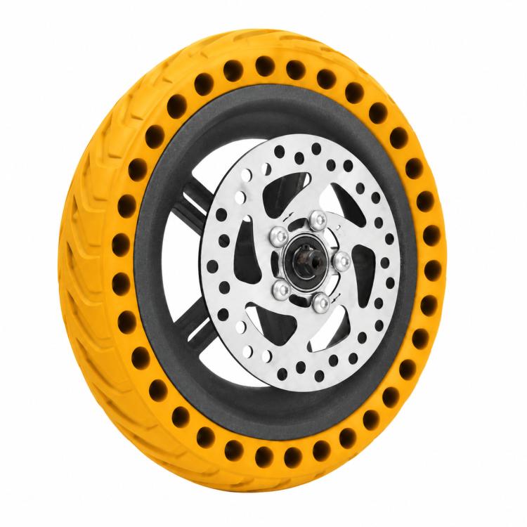 Yellow solid rear scooter tire wheel with disc brake rotor and hub