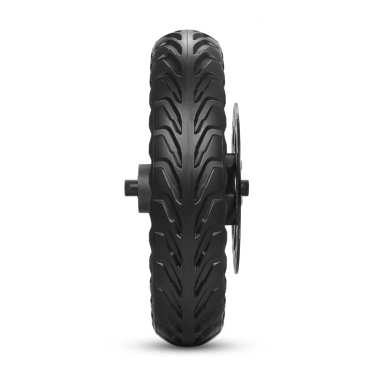 Black solid tire wheel side view with tread pattern and mounting axle