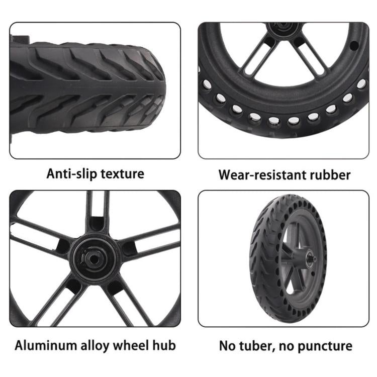 Black solid tire wheel features: anti-slip tread, alloy hub, no puncture