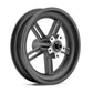 Dark rear wheel with silver hub axle mount and spoke frame
