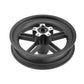 Dark rear wheel with centered hub axle and silver mounting hardware