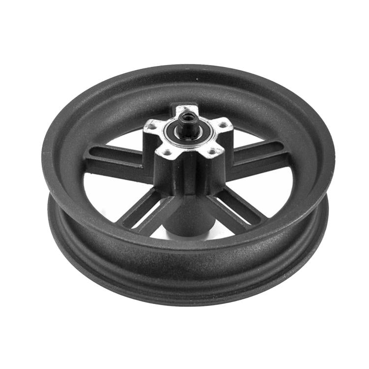 Dark rear wheel with centered hub axle and silver mounting hardware