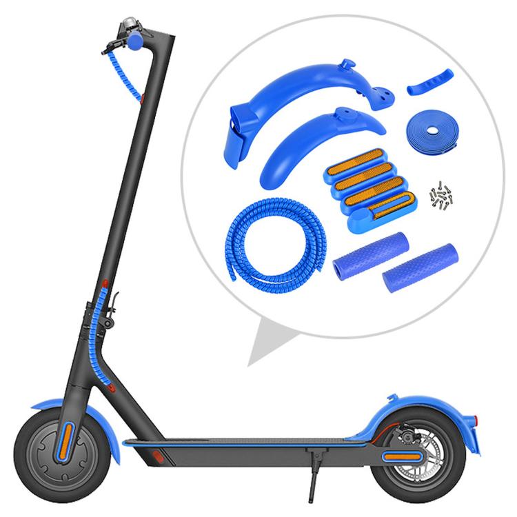 Electric scooter rear fender kit with blue mudguards, coiled cable, and accessories