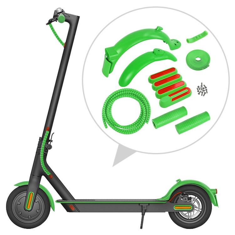 Electric scooter rear fender kit with green mudguards, coiled cable, and accessories