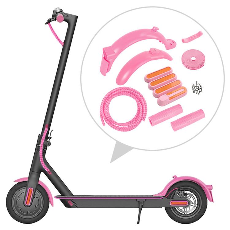 Electric scooter rear fender kit with pink mudguards, coiled cable, and accessories
