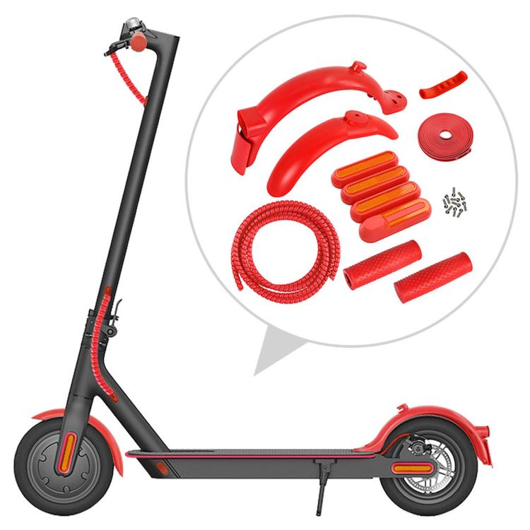Electric scooter rear fender kit with red mudguards, coiled cable, and accessories