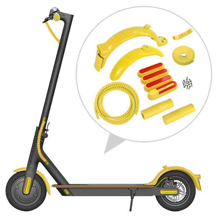 Electric scooter rear fender kit with yellow mudguards, coiled cable, and accessories